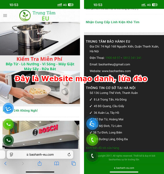 Website mạo danh địa chỉ bảo hành EU